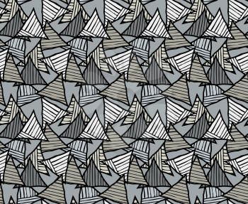 Triangles green striped with black .Hand drawn with ink seamless background.Creative handmade repainting design for fabric or textile.Geometric pattern with triangles.Vintage retro colors