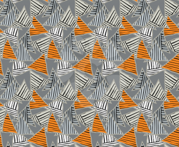 Triangles orange striped with black .Hand drawn with ink seamless background.Creative handmade repainting design for fabric or textile.Geometric pattern with triangles.Vintage retro colors