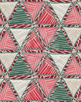  Triangles red green striped on texture.Hand drawn with ink seamless background.Creative handmade repainting design for fabric or textile.Geometric pattern with triangles.Vintage retro colors