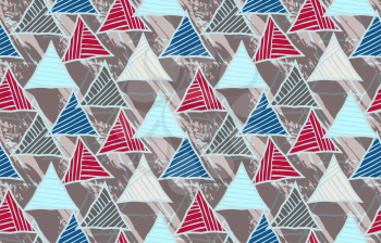 Triangles striped diagonal blue with texture.Hand drawn with ink seamless background.Creative handmade repainting design for fabric or textile.Geometric pattern with triangles.Vintage retro colors