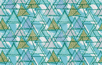 Triangles striped diagonal green with texture.Hand drawn with ink seamless background.Creative handmade repainting design for fabric or textile.Geometric pattern with triangles.Vintage retro colors