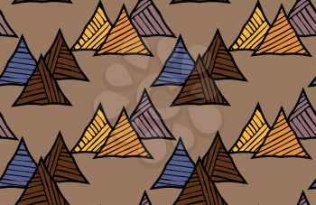 Triangles striped diagonal on brown.Hand drawn with ink seamless background.Creative handmade repainting design for fabric or textile.Geometric pattern with triangles.Vintage retro colors