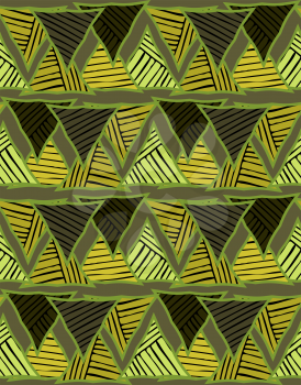 Triangles striped green shades.Hand drawn with ink seamless background.Creative handmade repainting design for fabric or textile.Geometric pattern with triangles.Vintage retro colors