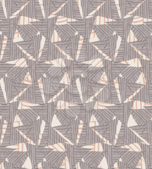 Triangles striped with gray.Hand drawn with ink seamless background.Creative handmade repainting design for fabric or textile.Geometric pattern with triangles.Vintage retro colors