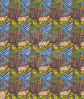 Triangles yellow blue brown striped.Hand drawn with ink seamless background.Creative handmade repainting design for fabric or textile.Geometric pattern with triangles.Vintage retro colors