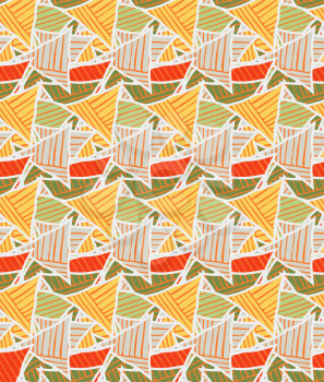 Triangles yellow light green striped.Hand drawn with ink seamless background.Creative handmade repainting design for fabric or textile.Geometric pattern with triangles.Vintage retro colors
