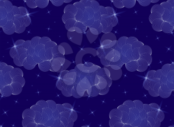 Vector seamless pattern with stars clouds and sky.Abstract night seamless background. Repainting pattern with deep blue sky