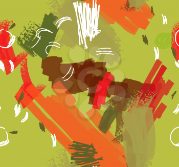 Abstract scribbles green red orange.Hand drawn with ink and marker brush seamless background.Ethnic design.