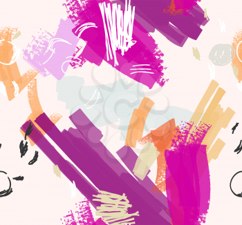 Abstract scribbles purple orange and light pink.Hand drawn with ink and marker brush seamless background.Ethnic design.