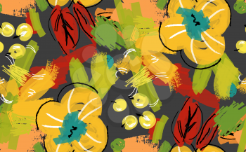 Abstract scribbles with yellow flower and berries.Hand drawn with ink and marker brush seamless background.Ethnic design.
