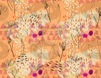 Roughly sketched dandelion flower orange purple.Creative abstract colorful seamless pattern. Tribal ethnic motives. Universal bright background for greeting cards, invitations. Had drawn ink and marke