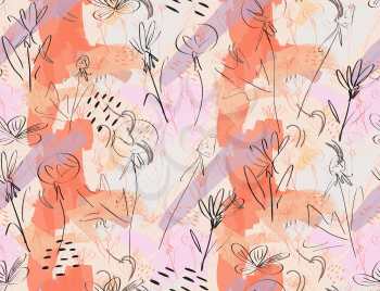 Roughly sketched dandelion flower pink orange.Creative abstract colorful seamless pattern. Tribal ethnic motives. Universal bright background for greeting cards, invitations. Had drawn ink and marker 