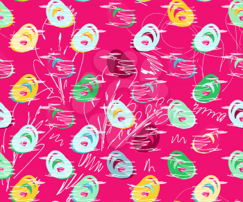 Rough sketched colored birds on bright pink.Hand drawn with ink and marker brush seamless background.Ethnic design.
