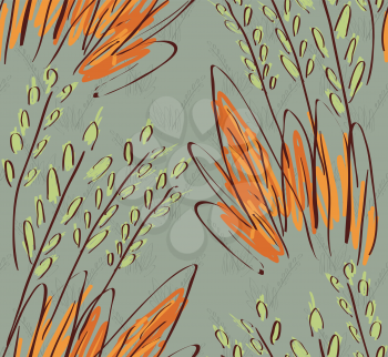Rough sketched grass light green orange.Hand drawn with ink and marker brush seamless background.Ethnic design.