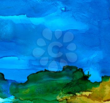 Abstract green shore and ocean.Colorful background hand drawn with bright inks and watercolor paints. Color splashes and splatters create uneven artistic modern design.