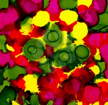 Abstract paint yellow pink green spots.Colorful background hand drawn with bright inks and watercolor paints. Color splashes and splatters create uneven artistic modern design.