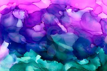 Abstract textured purple blue green.Colorful background hand drawn with bright inks and watercolor paints. Color splashes and splatters create uneven artistic modern design.