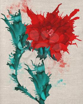 Red flower with green.Bright background hand drawn with red inks and watercolor paints. Color splashes and splatters create abstract floweron canvas texture.