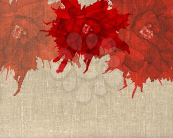 Three red flowers faded.Bright background hand drawn with red inks and watercolor paints. Color splashes and splatters create abstract floweron canvas texture.