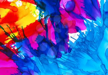 Bright multicolored color splashes.Colorful background hand drawn with bright inks and watercolor paints. Color splashes and splatters create uneven artistic modern design.