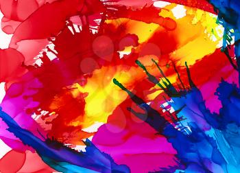 Bright multicolored paint splatters.Colorful background hand drawn with bright inks and watercolor paints. Color splashes and splatters create uneven artistic modern design.