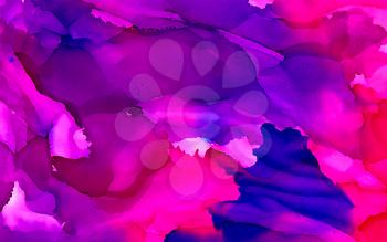 Bright pink paint with blue uneven flow.Colorful background hand drawn with bright inks and watercolor paints. Color splashes and splatters create uneven artistic modern design.