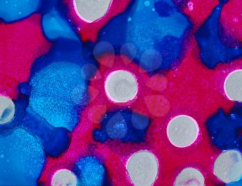 Bright pink white blue color spots.Colorful background hand drawn with bright inks and watercolor paints. Color splashes and splatters create uneven artistic modern design.