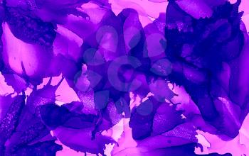 Bright purple paint uneven splashes.Colorful background hand drawn with bright inks and watercolor paints. Color splashes and splatters create uneven artistic modern design.
