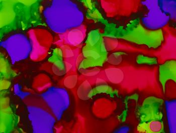 Bright purple pink green color spots.Colorful background hand drawn with bright inks and watercolor paints. Color splashes and splatters create uneven artistic modern design.