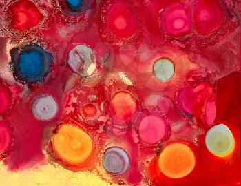Bright red blue orange pink textured paint spots.Colorful background hand drawn with bright inks and watercolor paints. Color splashes and splatters create uneven artistic modern design.