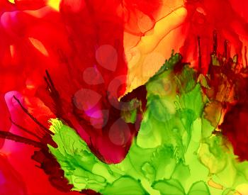 Bright red over green splashes.Colorful background hand drawn with bright inks and watercolor paints. Color splashes and splatters create uneven artistic modern design.