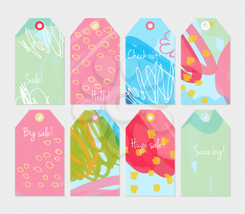 Doodled circles marker brush scribbles and marks blue pink green tag set.Creative universal gift tags.Hand drawn textures.Ethic tribal design.Ready to print sale labels Isolated on layer.