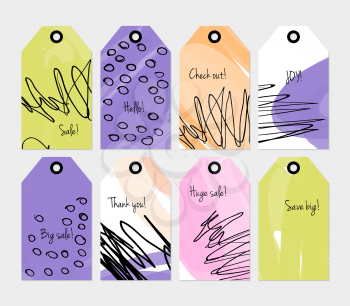 Doodled circles marker brush scribbles and marks purple pink green tag set.Creative universal gift tags.Hand drawn textures.Ethic tribal design.Ready to print sale labels Isolated on layer.