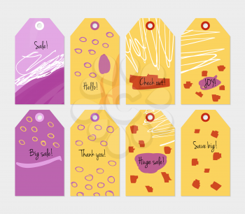 Doodled circles marker brush scribbles and marks yellow purple tag set.Creative universal gift tags.Hand drawn textures.Ethic tribal design.Ready to print sale labels Isolated on layer.