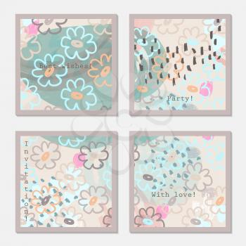 Doodled flowers on light pastel.Hand drawn creative invitation greeting cards. Poster, placard, flayer, design templates. Anniversary, Birthday, wedding, party cards set of 4. Isolated on layer.