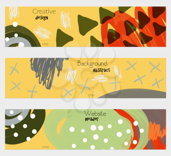 Doodled triangles scribbles gray yellow banner set.Hand drawn textures creative abstract design. Website header social media advertisement sale brochure templates. Isolated on layer
