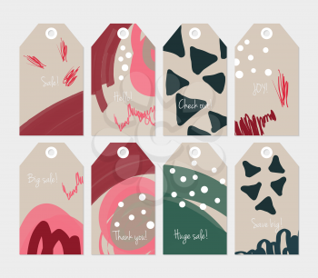 Doodles triangle dots marks light gray green tag set.Creative universal gift tags.Hand drawn textures.Ethic tribal design.Ready to print sale labels Isolated on layer.