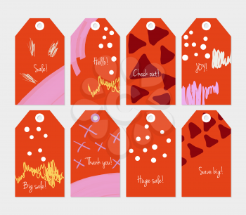 Doodles triangle dots marks orange purple red tag set.Creative universal gift tags.Hand drawn textures.Ethic tribal design.Ready to print sale labels Isolated on layer.