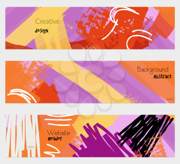 Grudge textured strokes purple yellow banner set.Hand drawn textures creative abstract design. Website header social media advertisement sale brochure templates. Isolated on layer