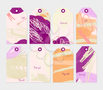 Grunge texture rough strokes floral sketch orange purple cream tag set.Creative universal gift tags.Hand drawn textures.Ethic tribal design.Ready to print sale labels Isolated on layer.