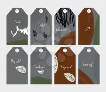 Seasonal with sketched leaf gray brown tag set.Creative universal gift tags.Hand drawn textures.Ethic tribal design.Ready to print sale labels Isolated on layer.