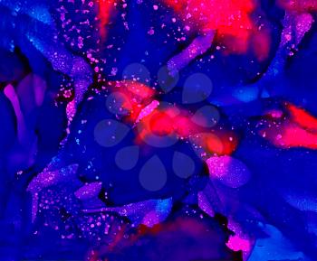Blue and pink paint uneven merging with texture.Colorful background hand drawn with bright inks and watercolor paints. Color splashes and splatters create uneven artistic modern design.