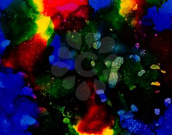 Dark green blue yellow with texture.Colorful background hand drawn with bright inks and watercolor paints. Color splashes and splatters create uneven artistic modern design.