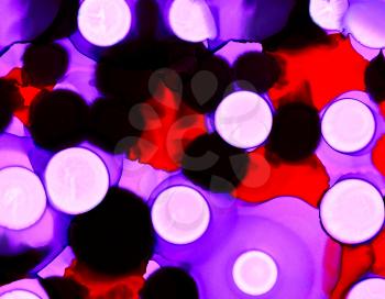 Light purple bright red black spots.Colorful background hand drawn with bright inks and watercolor paints. Color splashes and splatters create uneven artistic modern design.