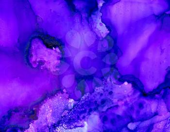 Purple blue texture with some clouds.Colorful background hand drawn with bright inks and watercolor paints. Color splashes and splatters create uneven artistic modern design.