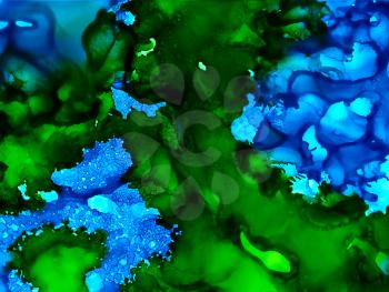 Textured blue uneven green colors.Colorful background hand drawn with bright inks and watercolor paints. Color splashes and splatters create uneven artistic modern design.