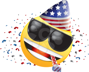 Royalty Free Clipart Image of a Celebrating American Happy Face in Sunglasses With Streamers