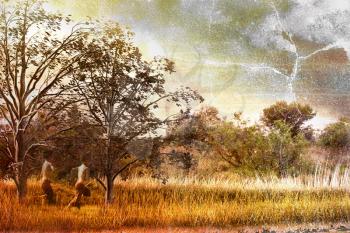 Vintage picture of running children in nature