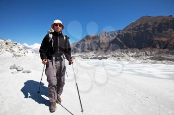 Royalty Free Photo of a Hiker on a Glacier in the Himalayan Mountains
