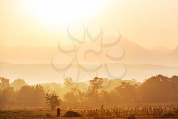 Majestic sunrise in the rural landscape. Luzon island in Philippines.